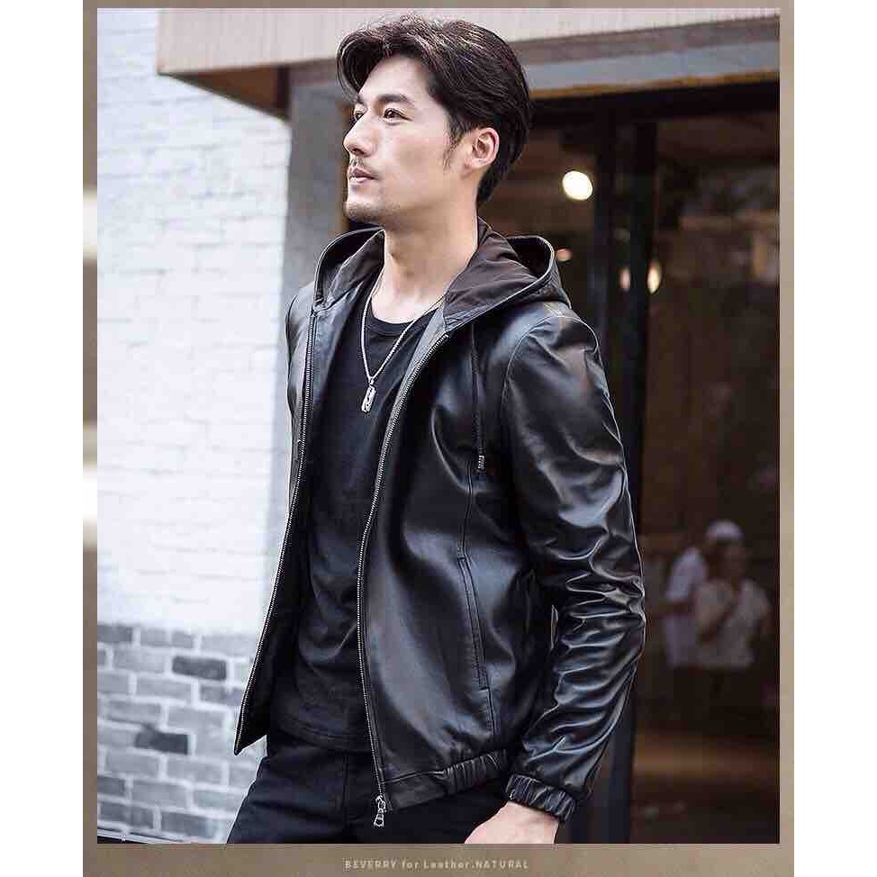 Áo Khoác Da Nam Trơn Lót Dù Phối Nón Cao Cấp ADN01