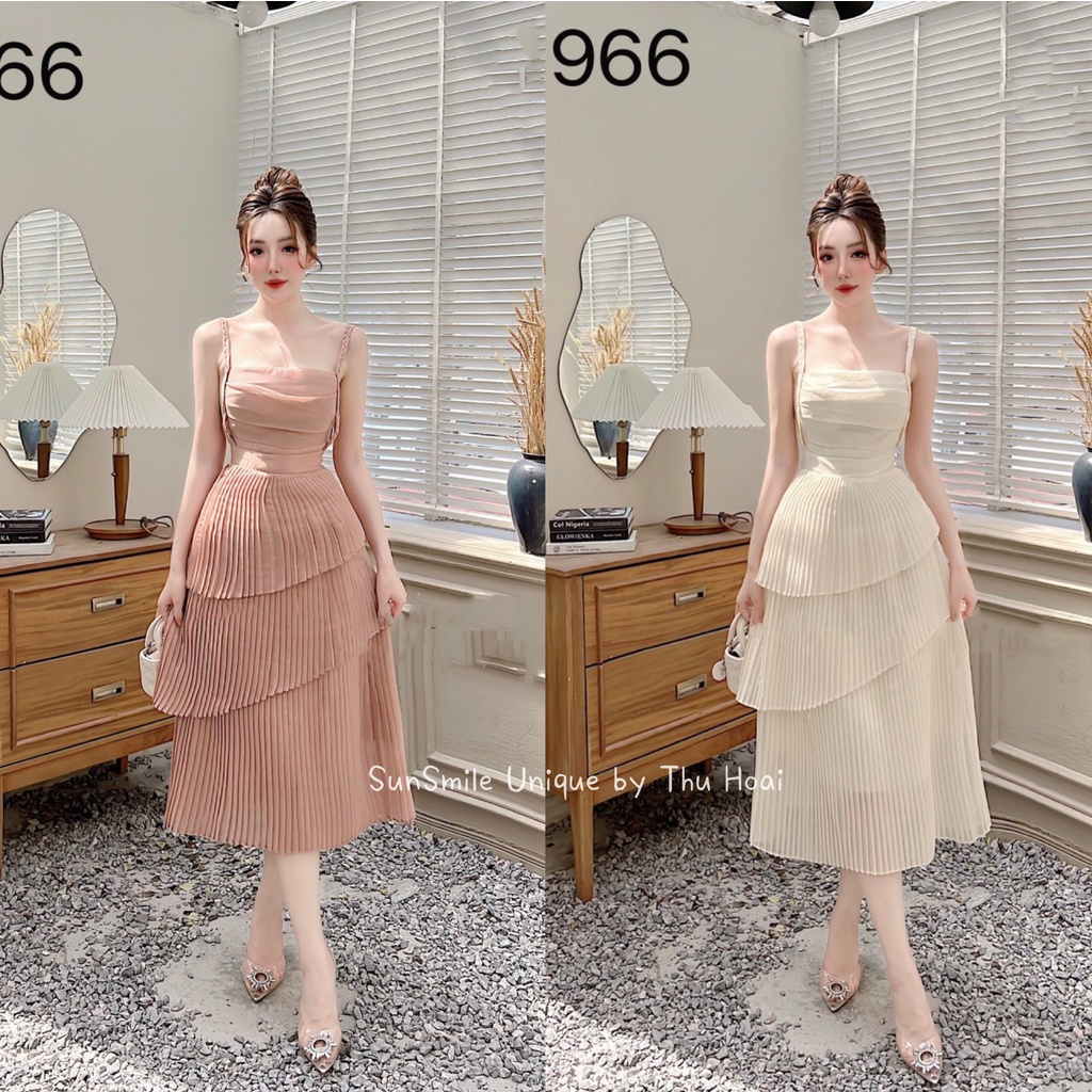 Đầm thiết kế LINH RUBI STORE váy 2 dây chất liệu tơ nến kết xoan tà chéo dập li dáng dài qua gối cực xinh V559