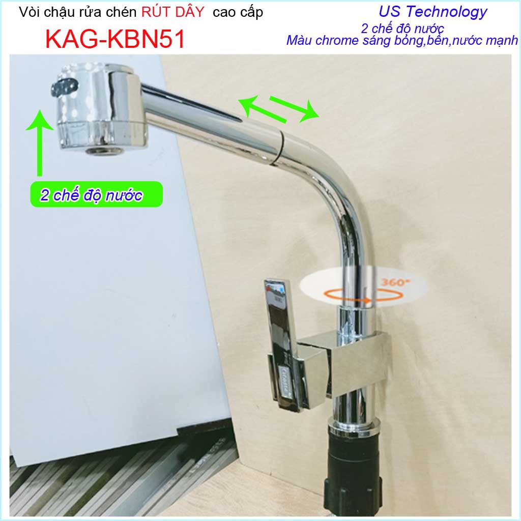 Vòi rửa chén bát rút dây KAG-KBN51, Vòi Gorlde nóng lạnh Chrome bóng,  vòi bếp nóng lạnh cao cấp