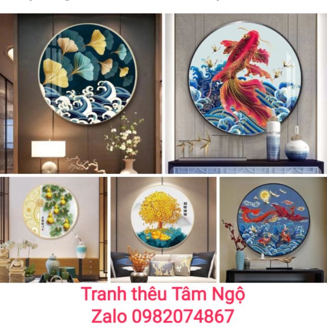 Tranh thêu chữ thập (mẫu mới nhất 2019) chỉ lụa Uyên Ương Hồ Điệp, cây tiền, cá hóa long