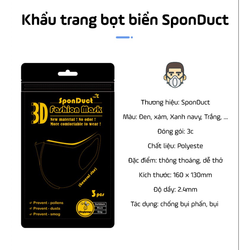 Khẩu trang bọt biển SponDuct Chính Hãng nhiều màu, không van &amp; có van, người lớn &amp; trẻ em #pitta #khautrangpitta