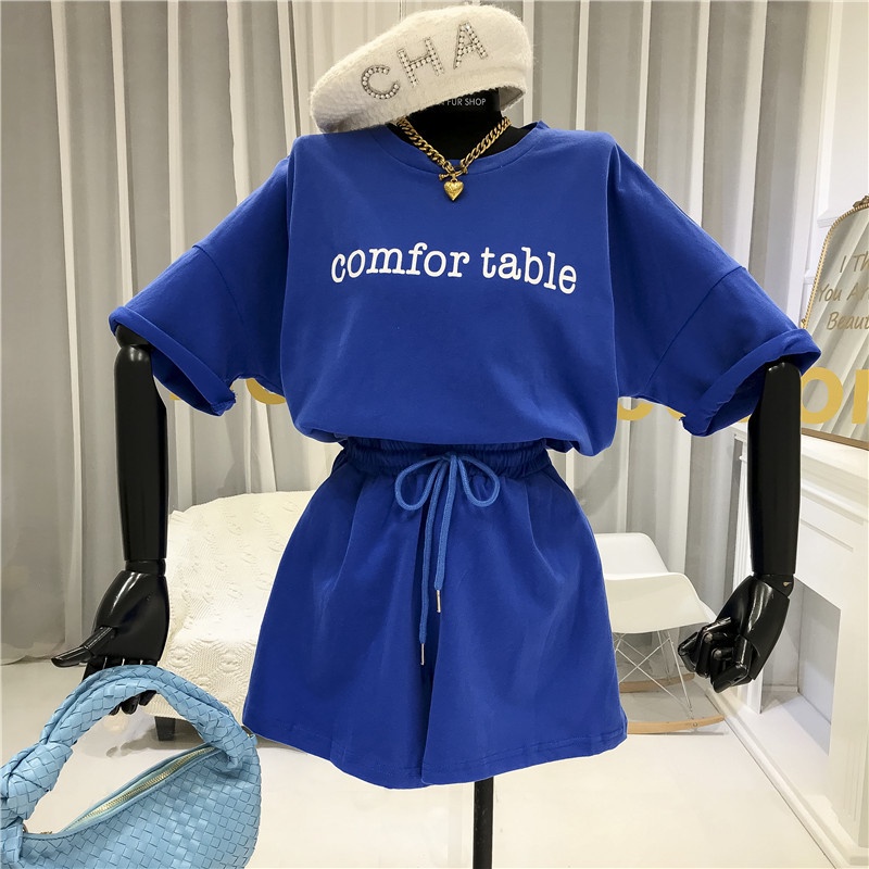 SUXI Set áo thun tay ngắn cổ tròn + quần ngắn dây rút thiết kế mới thời trang mùa hè cho nữ