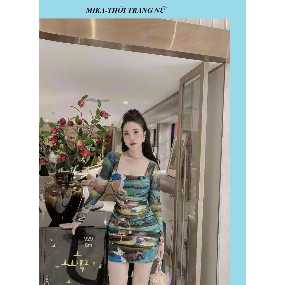 Đầm nữ đẹp, đầm ôm họa tiết 3d cao cấp tay dài