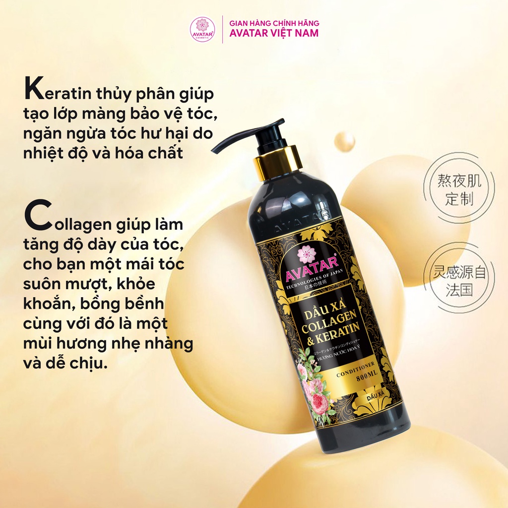 Dầu Xả Avatar Collagen &amp; Keratin Dưỡng Ẩm Phục Hồi Tóc, Mềm Mượt, Sạch Gàu Chai 800ml