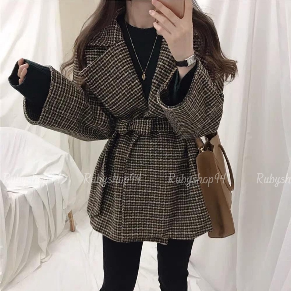 Áo Blazer nữ 2 lớp tay dài Hàn Quốc khoác ngoài đẹp, Áo vest nữ dạ kẻ caro kèm đai cực xinh