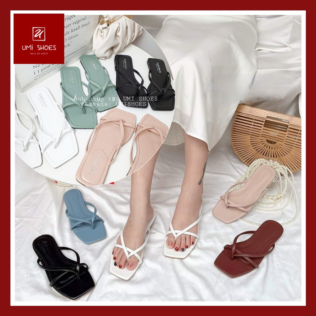 Dép xỏ ngón nữ quai mảnh kẹp tông đơn giản màu đen/kem/trắng/xanh đế bệt mũi vuông đi mưa đi chơi đẹp
