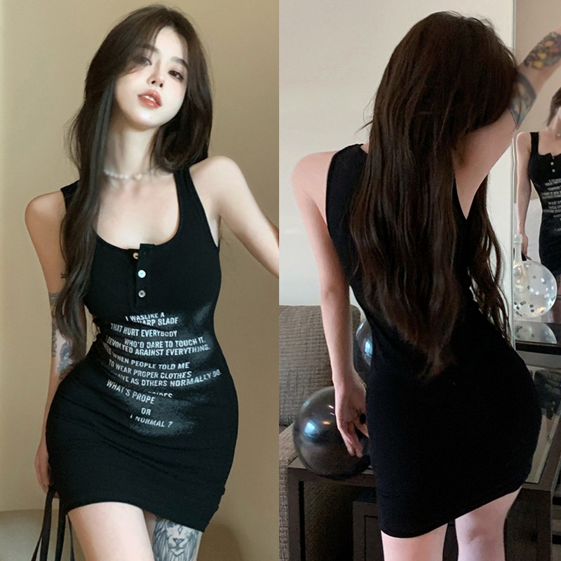 Đầm Sát Nách Cổ Tròn Hoạ Tiết Chữ In Phong Cách Hàn Quốc