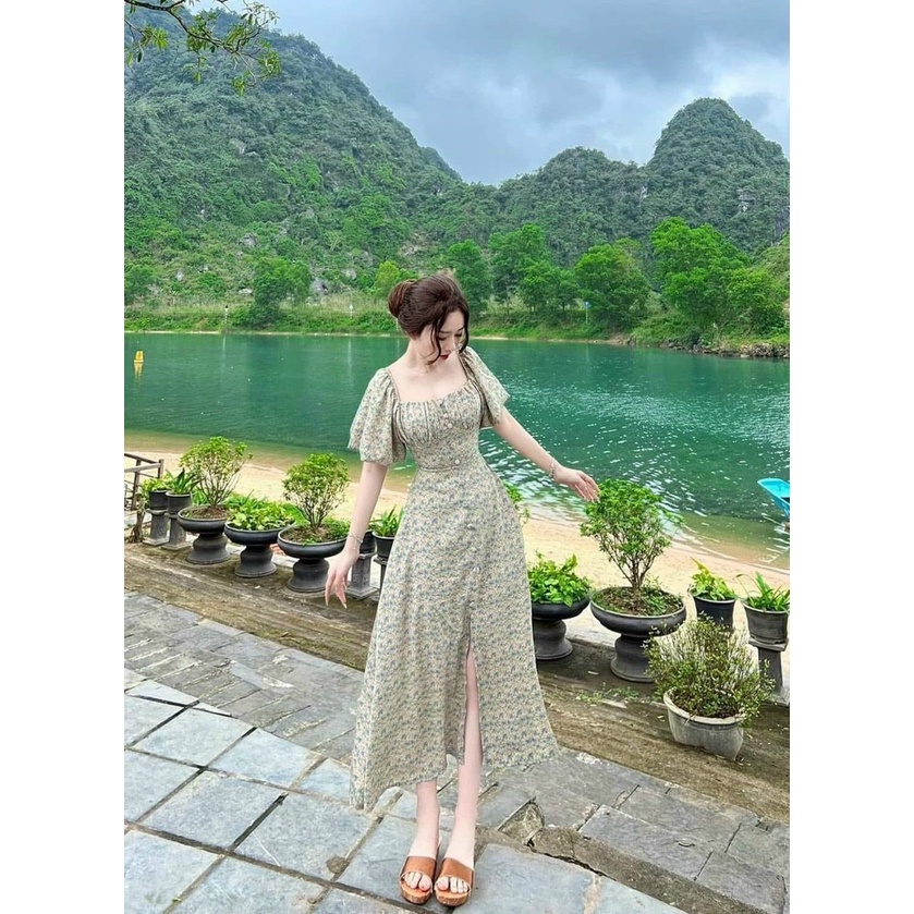 Đầm lụa hàn họa tiết hoa nhí tay phồng nút bọc thời trang