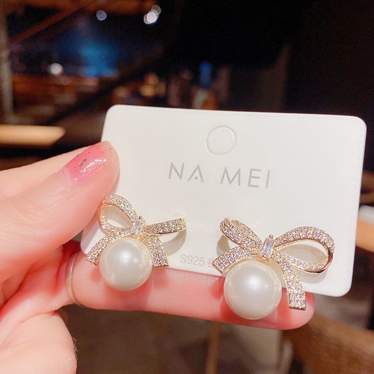 Bông tai mạ bạc 925 hình nơ đính ngọc trai nhân tạo phong cách hàn quốc