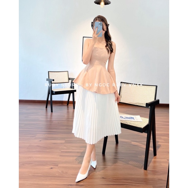 RUBYSTORE_ Chân Váy Midi Dập Ly Dài Hai Lớp Thiết Kế Khóa Kéo