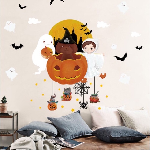 Decal dán tường Halloween - Bí đỏ Hồn Ma đáng yêu