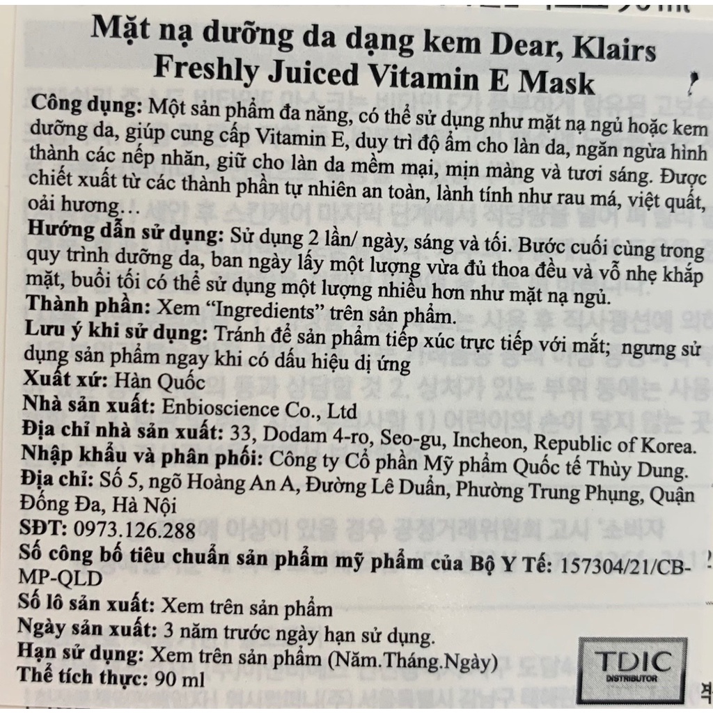 Kem Dưỡng Ẩm Da Klairs Freshly Juiced Vitamin E Mask