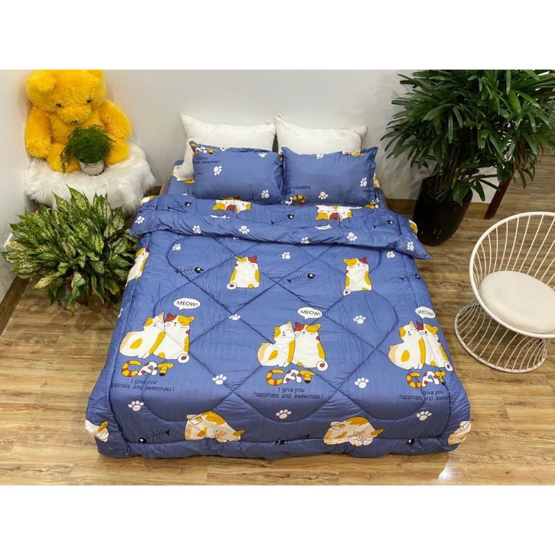 Trọn bộ 5 món chăn phao poly cotton [ mẫu mèo cát xanh ]