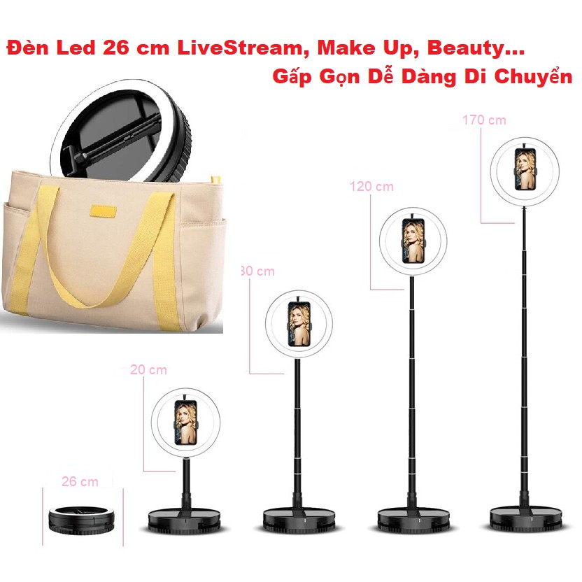 Đèn Led Live Stream 26cm, Trang Điểm, Gấp Gọn, Thu Nhỏ 3 Chế Độ Sáng, Điều Chỉnh Cao Thấp, Có Giá Đỡ Điện Thoại