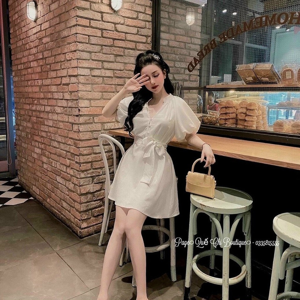 đầm ngắn tay phối nút cột dây eo