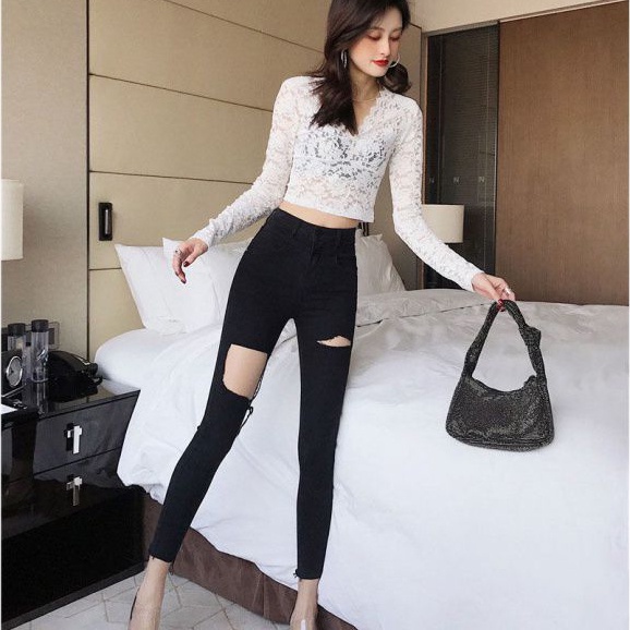 Quần jean nữ lưng cao rách gối co giãn,quần bò nữ dáng ôm chất jeans đẹp phong cách hàn | WebRaoVat - webraovat.net.vn
