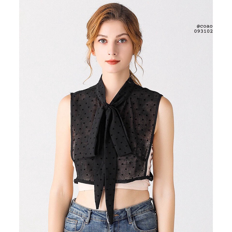 Cổ áo rời thắt nơ, màu đen, thêu trái tim cho nữ phối đồ công sở, đi chơi tạo kiểu cổ áo thời trang - Mã AO83