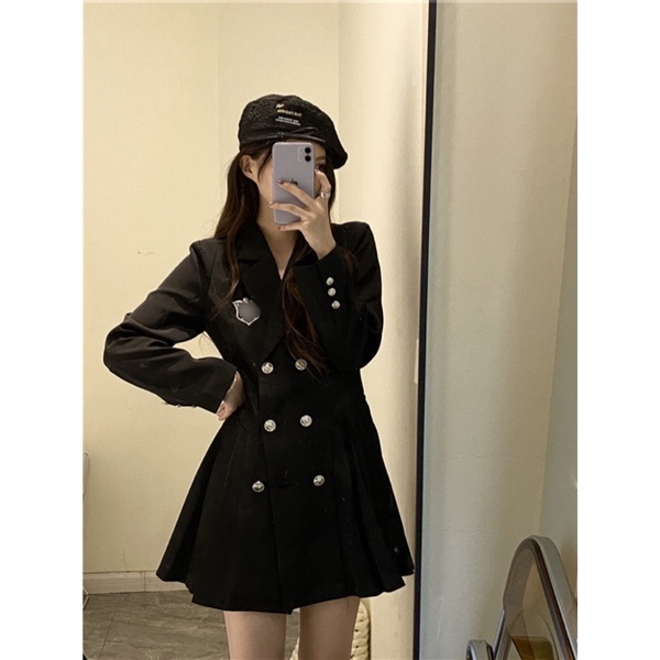 LINA DRESS Đầm vét đen dài tay chân váy xếp ly đầm thu đông thanh lịch phong cách ulzzang Hàn Quốc SAM SAM BOUTIQUE