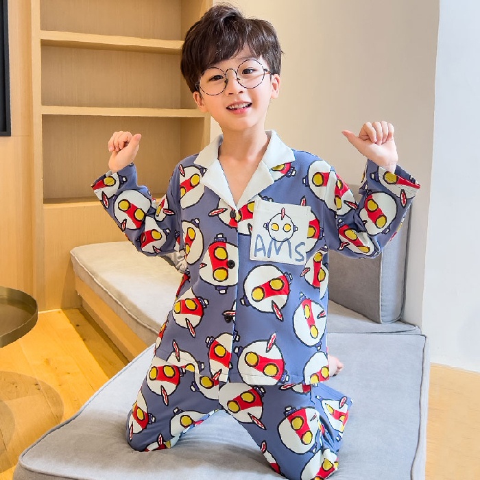 Bộ Đồ Ngủ Tay Dài Chất Liệu Cotton In Họa Tiết Hoạt Hình Phong Cách Hàn Quốc Thời Trang Cho Bé Trai