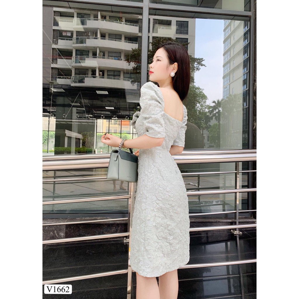 Đầm dự tiệc 💕 Đẹp DVC 💝 Váy xanh hoa phối nơ ngực vải gấm V1662 | BigBuy360 - bigbuy360.vn