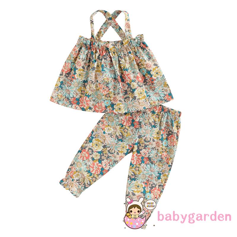 Bộ Áo Hai Dây Hở Lưng + Quần Dài Lưng Thun In Hoa Thời Trang Mùa Hè Cho Bé Gái 1-6 Tuổi