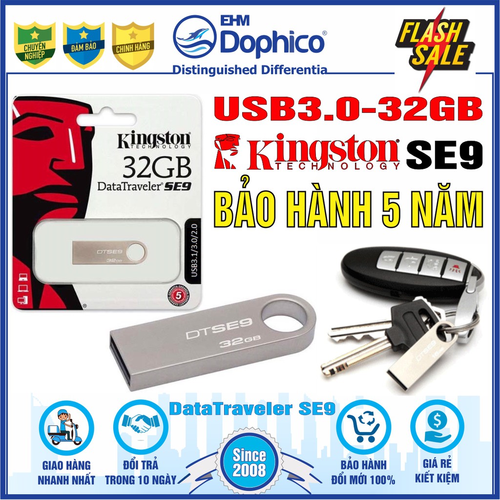 USB 3.0/32GB Kingston DataTraveler SE9 – Vỏ thép nguyên khối – Chịu va đập – Kháng nước – CHÍNH HÃNG – BH 5 năm