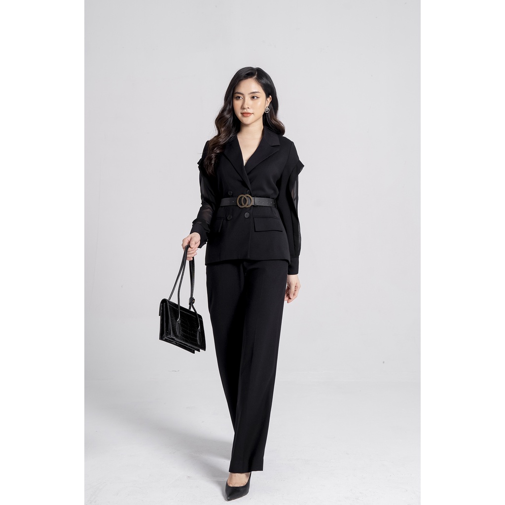 Áo vest công sở tay dài phối voan màu đen Eva De Eva 21AQAE007D
