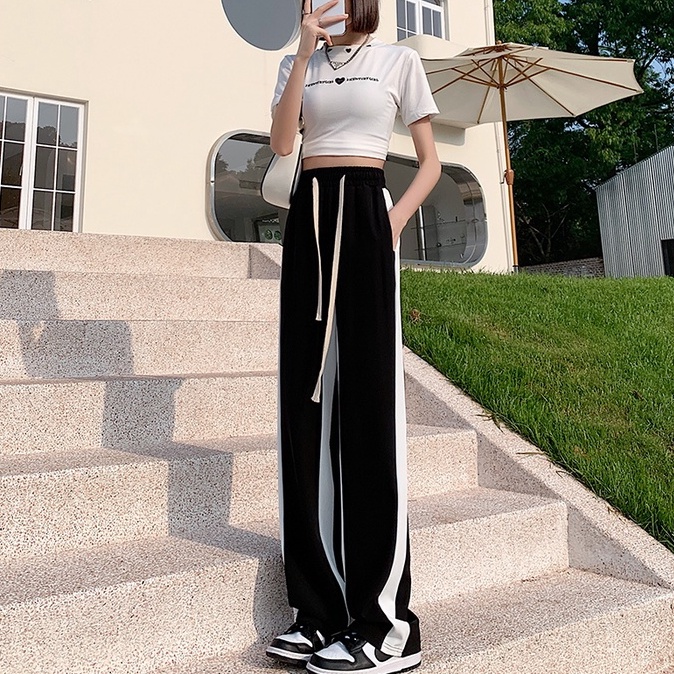 Quần dài ZHELIHANGFEI ống rộng lưng cao phối dây rút thời trang cá tính cho nữ