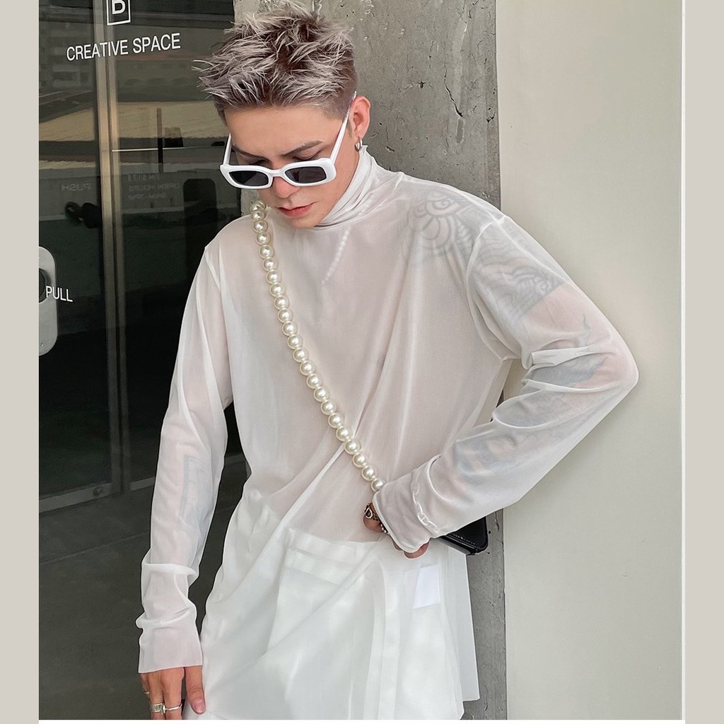 Áo thun nam voan cổ lọ tay dài xuyên thấu sexy