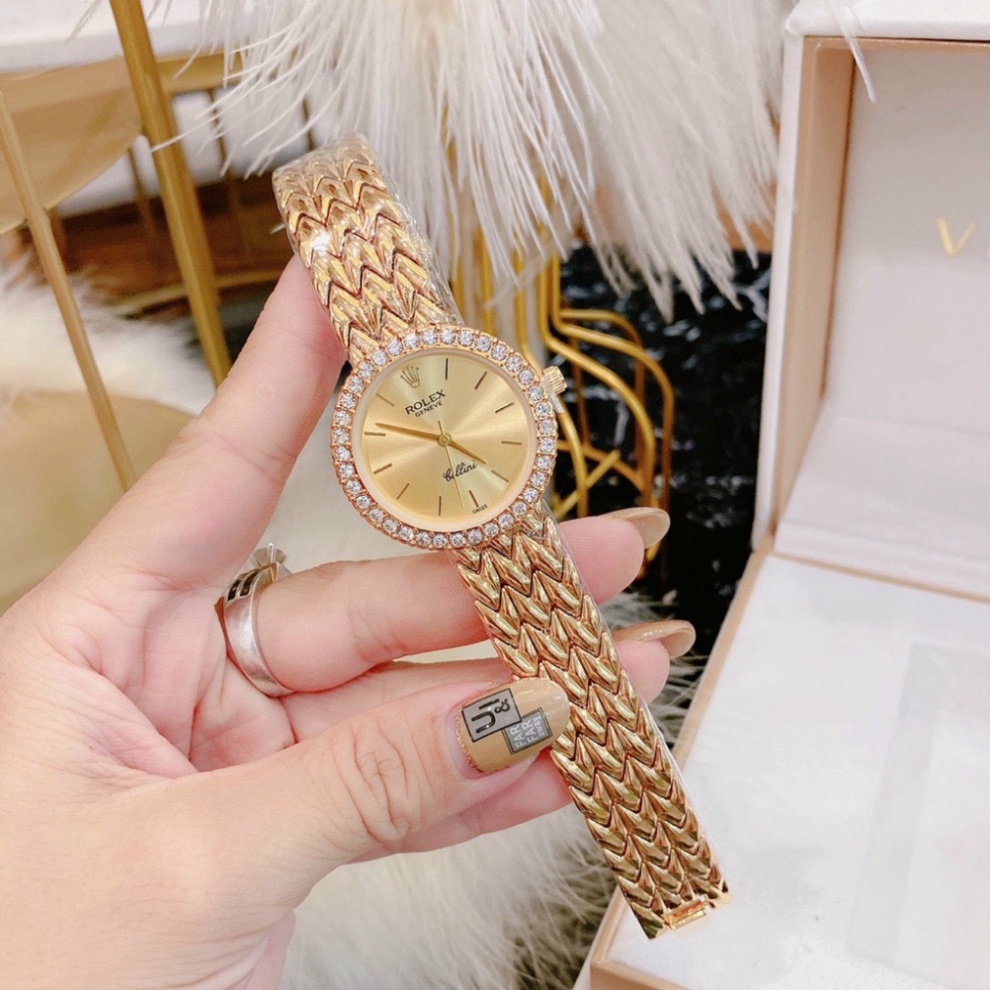 Đồng hồ, đồng hô nữ Rolex đeo tay dây thép không gỉ đính đá sang trọng dây kim loại mạ vàng chống nước chống xước