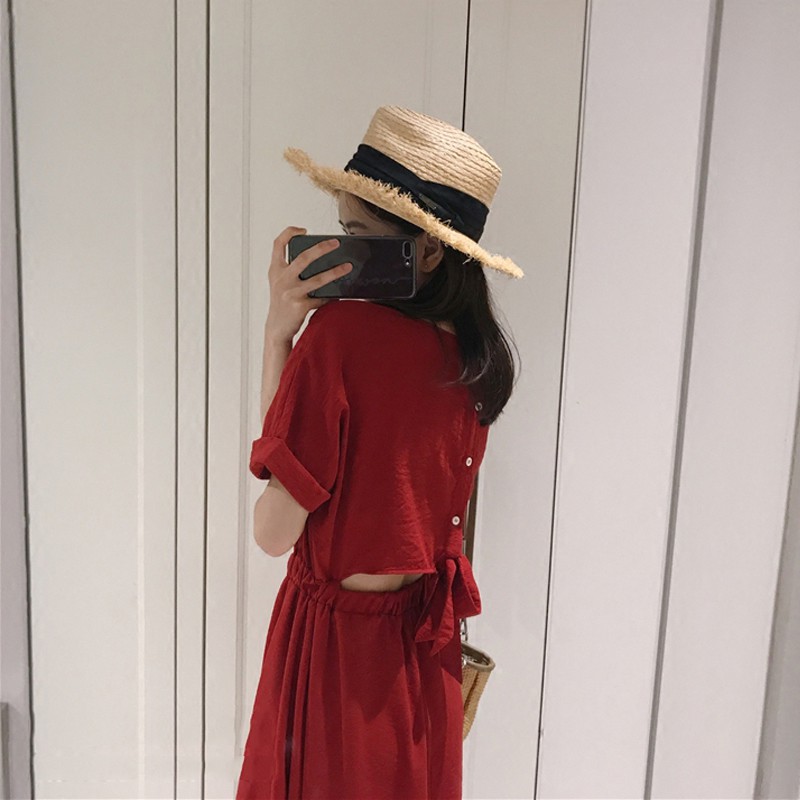 Váy đỏ cộc tay dáng dài buộc nơ eo Vintage (ORDER- sẵn L, XL)- Có ảnh thật | BigBuy360 - bigbuy360.vn