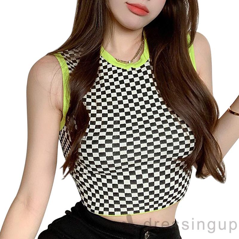 Áo croptop không tay cổ tròn họa tiết kẻ ô dành cho nữ