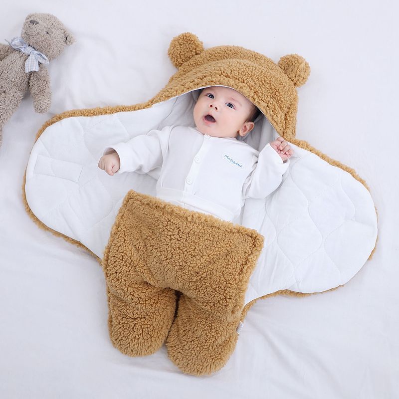 Chăn ủ lông cừu ba lớp áo ủ liền thân dày dặn cho bé từ 0-12 tháng tuổi-BaByC