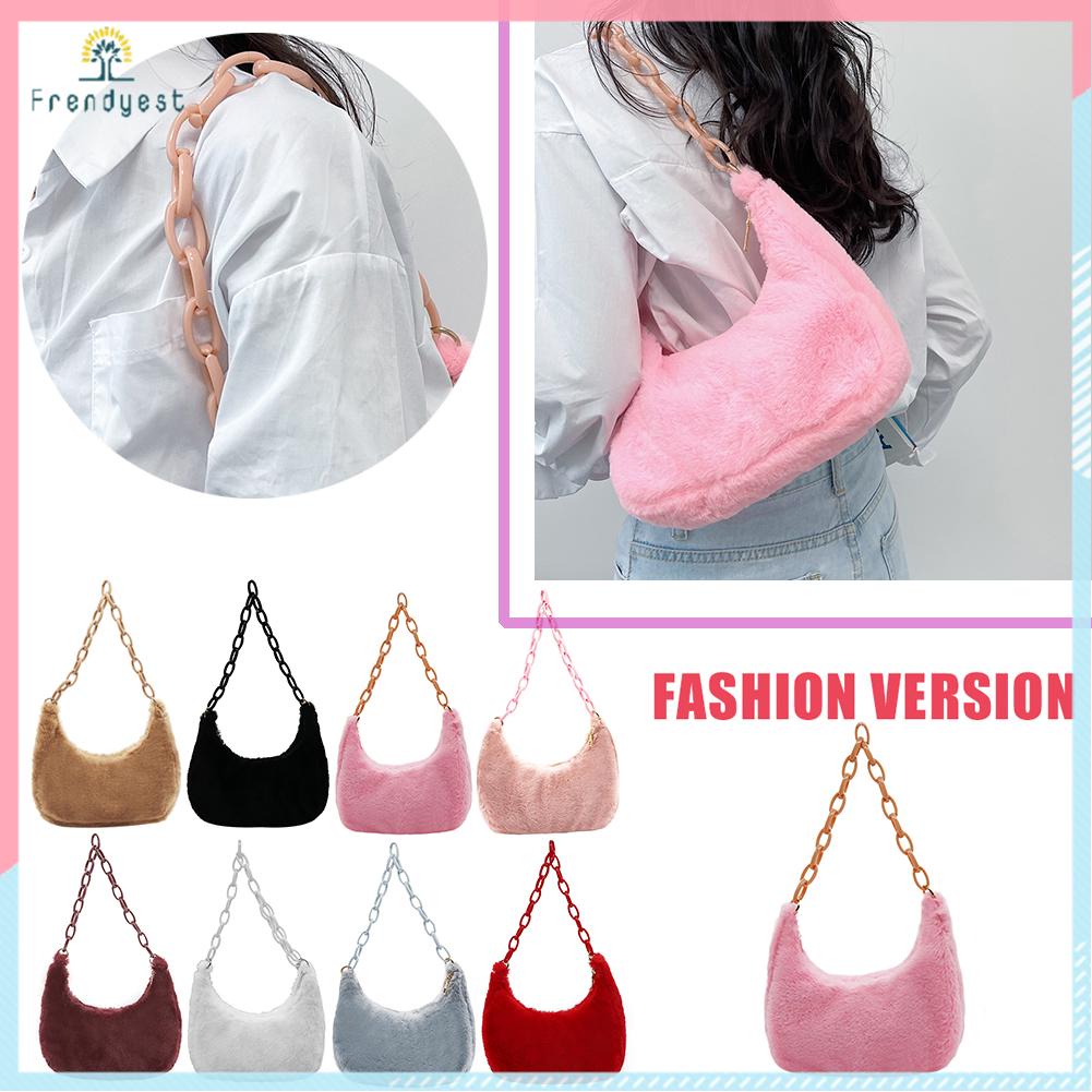Túi Xách Kẹp Nách / Đeo Vai / Xách Tay Bằng Acrylic Phủ Lông Phối Dây Xích Kiểu Retro Thời Trang Mùa Thu Cho Nữ