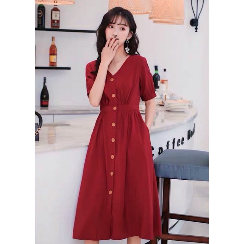 Đầm váy freesize đỏ cổ V form dài