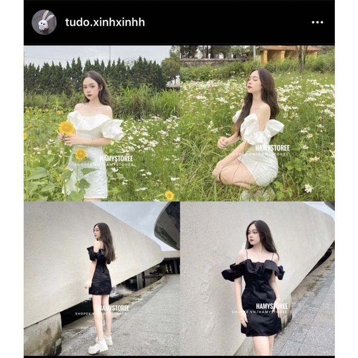 Đầm đen dây trễ vai