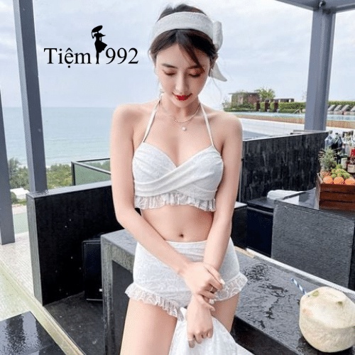 Set bikini 3 món có áo choàng ren sang chảnh hàng quảng châu không lộ bụng
