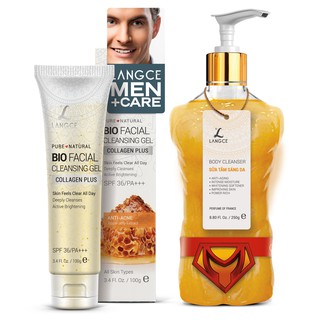 Bộ Gel Tắm Vàng 24K Sáng Da 250g + Gel Rửa Mặt Collagen+ Đẹp Da - Sữa ong Chúa 100ml BS LANGCE dành cho Nam