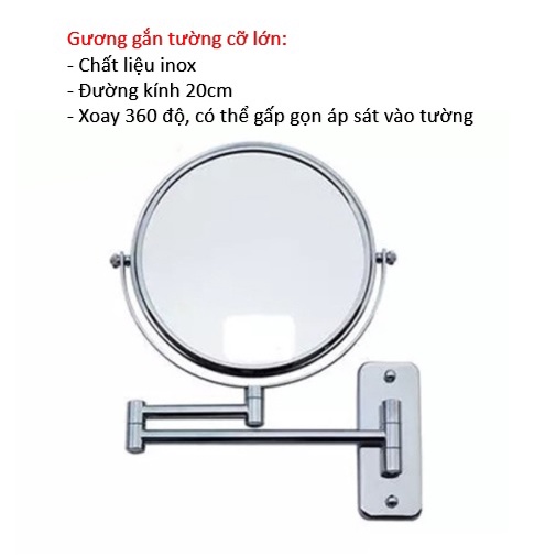 Gương trang điểm cỡ lớn, 2 mặt phóng đại xoay 360 độ, treo tường phòng tắm, phòng ngủ, khách sạn Inox304