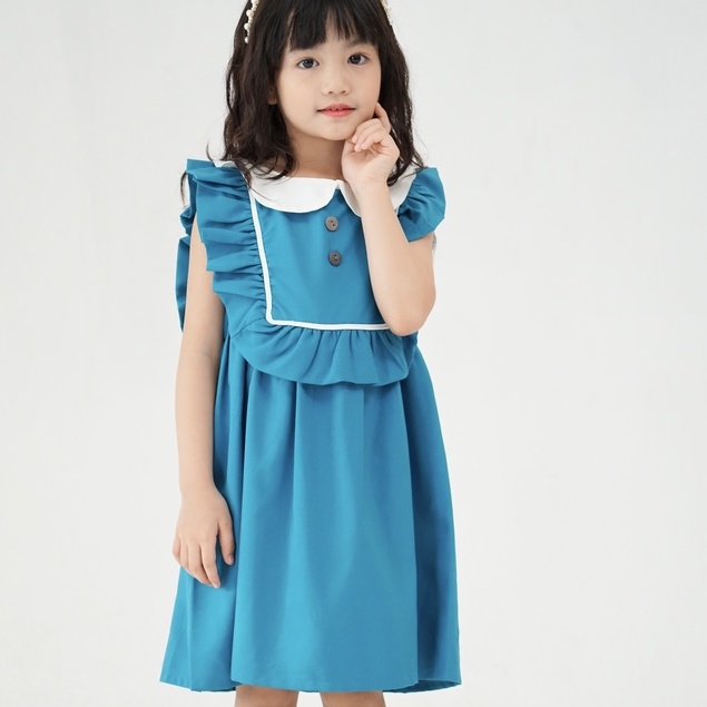 Váy bé gái dáng suông, cổ sơ mi trắng vải trượt nhật Sunkid SN12 màu xanh size trẻ em  4-12 tuổi