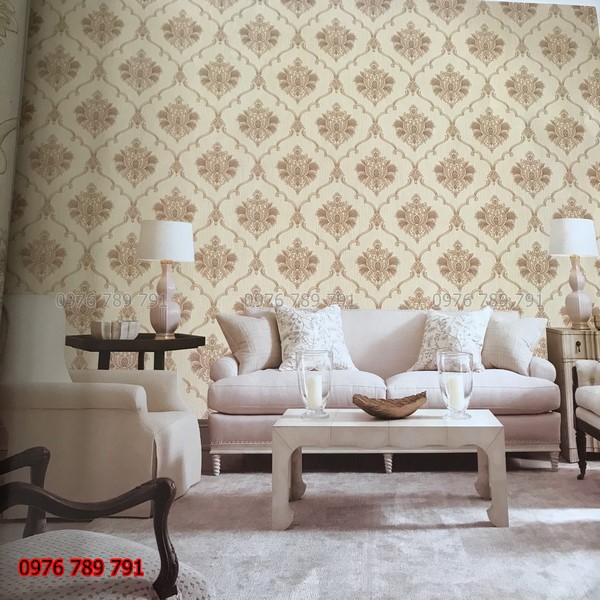 Giấy Dán Tường Hoa Văn Cổ Điển Châu Âu Màu Vàng Đẹp Cho Phòng Ngủ, Phòng Khách, Lụa Keo Dùng Ngoài, Khổ 10m x 53 cm