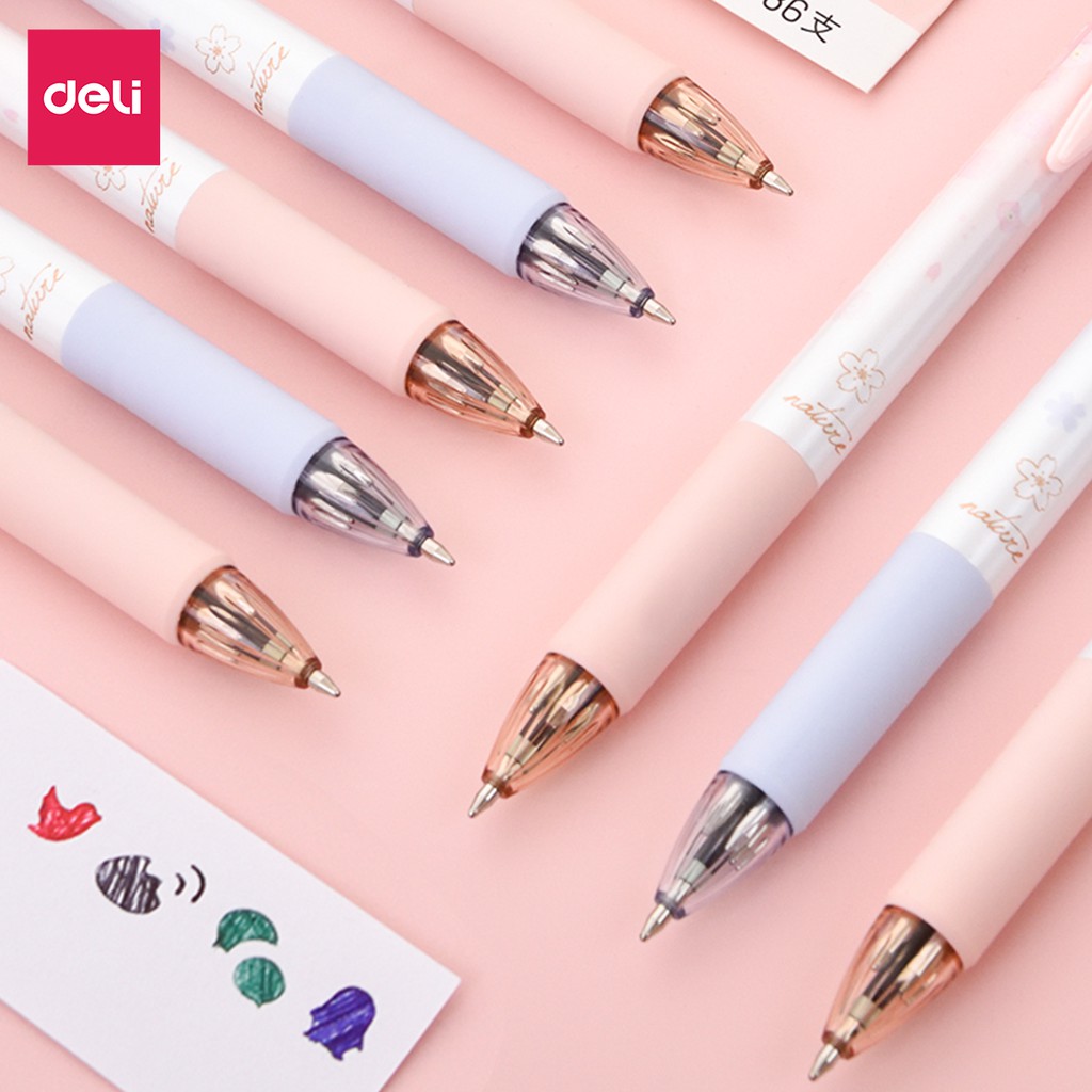 Bút bi 4 màu Deli - Ngòi 0.7mm đâu bi êm, mượt - 4 in 1 - Vỏ hoa Sakura.