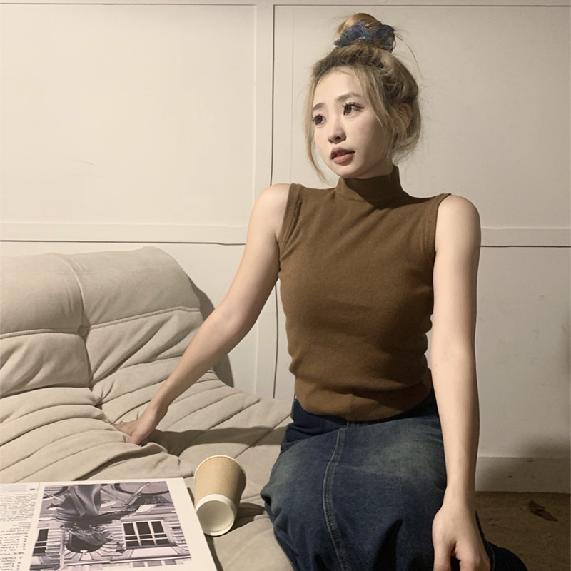 Áo Dệt Kim Sát Nách Cổ Cao Thời Trang Mùa Thu Cho Nữ