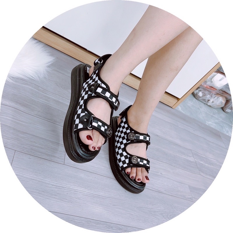Dép bánh mỳ sandal hai quai ngang phối caro siêu xinh đơn giản đi học