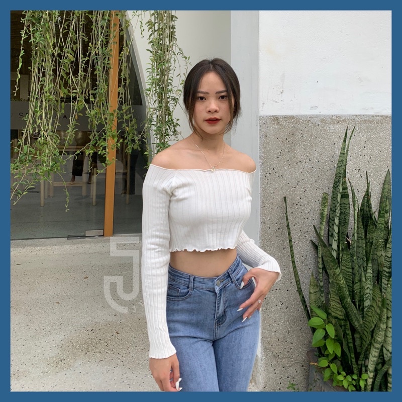 Áo croptop tay dài nữ JEANIE áo trễ vai tiểu thư chất len tăm ôm body sang chảnh