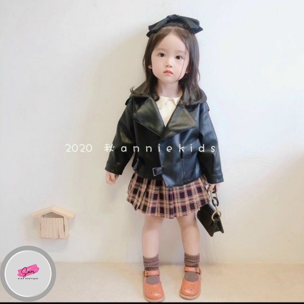 [Cool Girl] Set Chân Váy Kẻ Kèm Áo Khoác Da Milky Mom Cực Cool Ngầu Cho Bé Gái