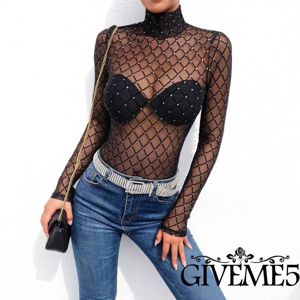 Bộ jumpsuit lưới xuyên thấu cổ lọ dài tay quyến rũ cho nữ