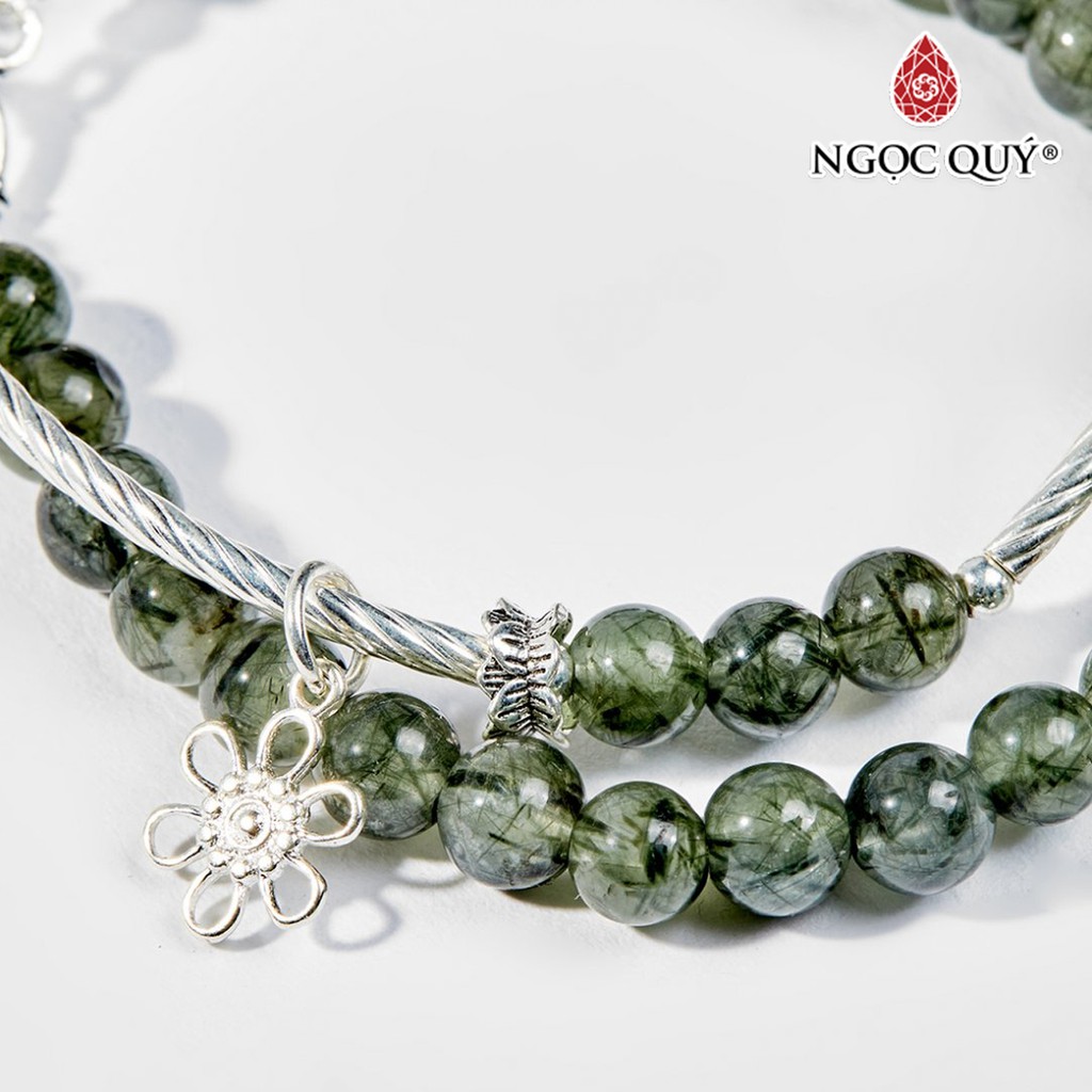 Vòng tay 2 lines TA tóc xanh charm hoa hạt 5mm - Ngọc Quý