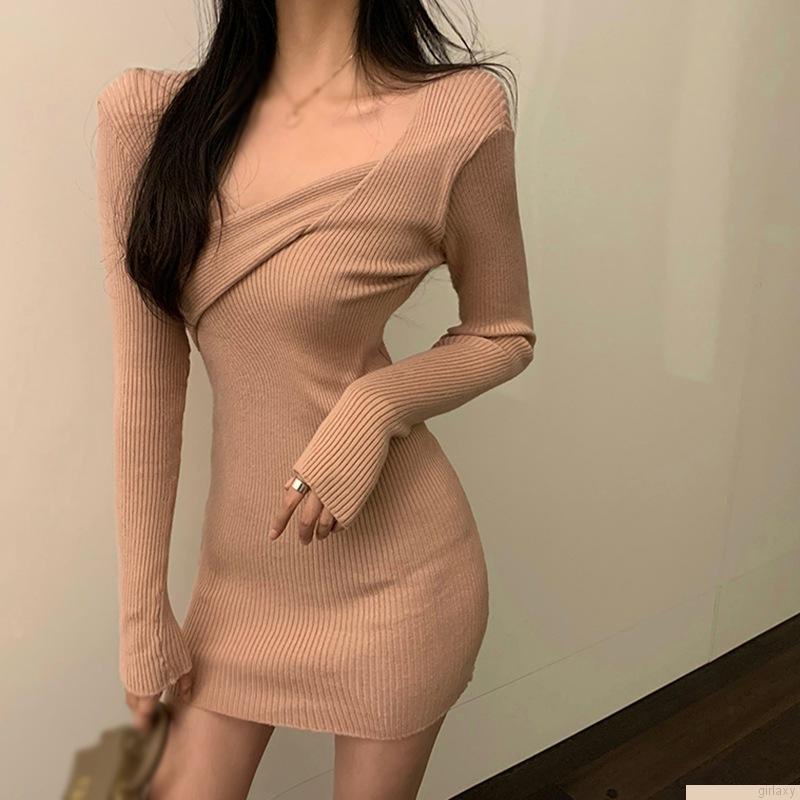 Đầm len ôm body tay dài thiết kế dây đan chéo màu sắc nhã nhặn