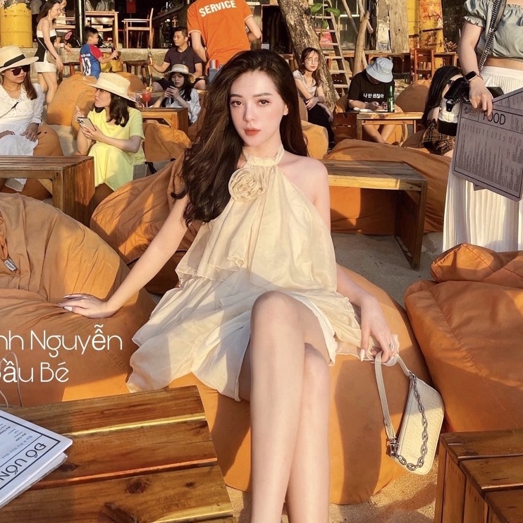 Váy tơ cổ yếm hở lưng thiết kế xếp tầng cực xinh⚡️Ảnh thật
